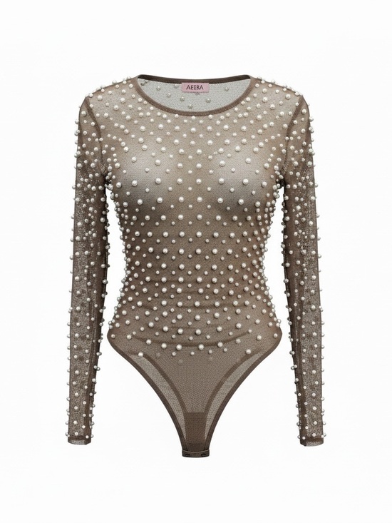 AKIRA Tops - AKIRA NWT Taupe Pearl-Embellished Sheer Sleeve one piece top